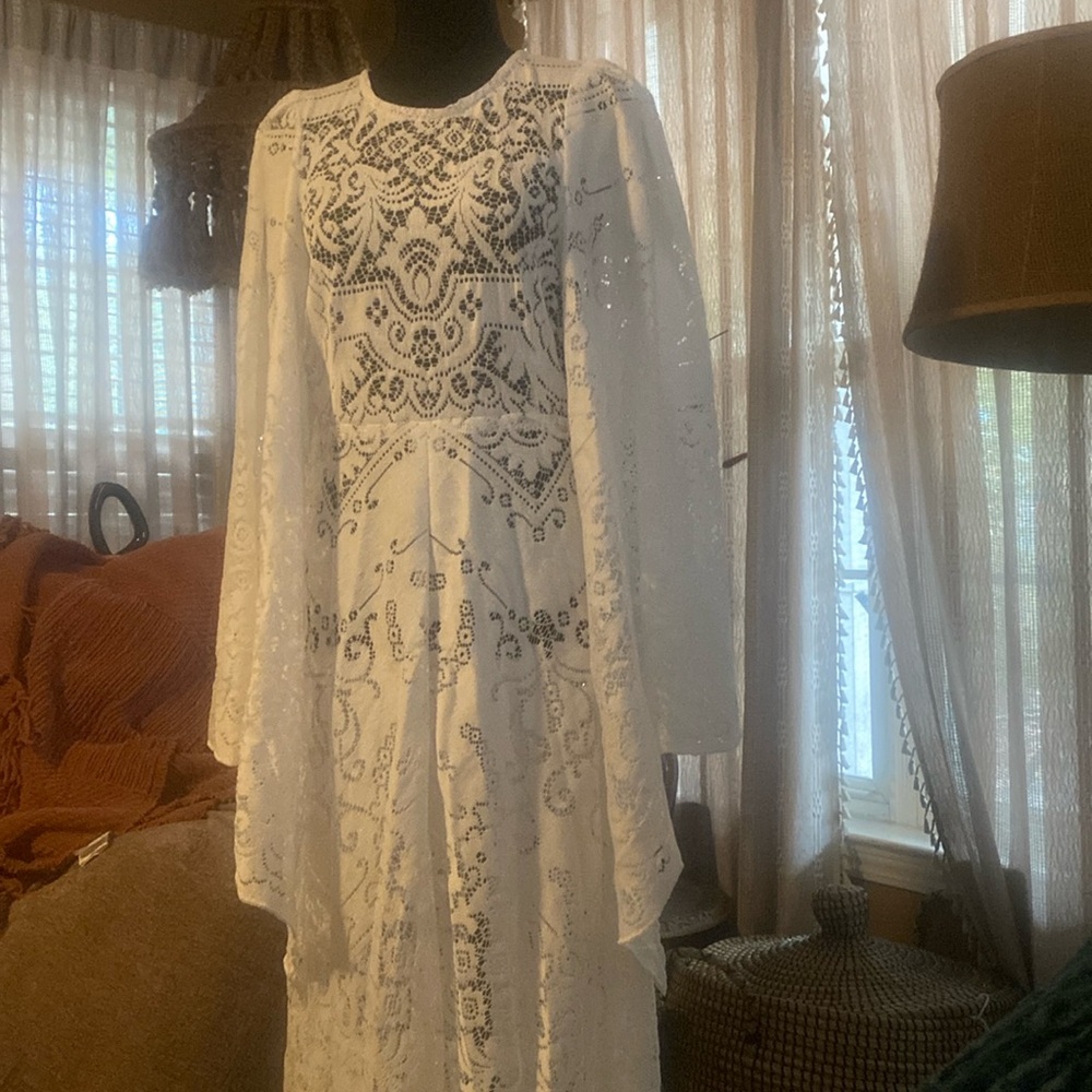 lace tablecloth dress handkerchief hem angel bell sleeves white 1960s style gown